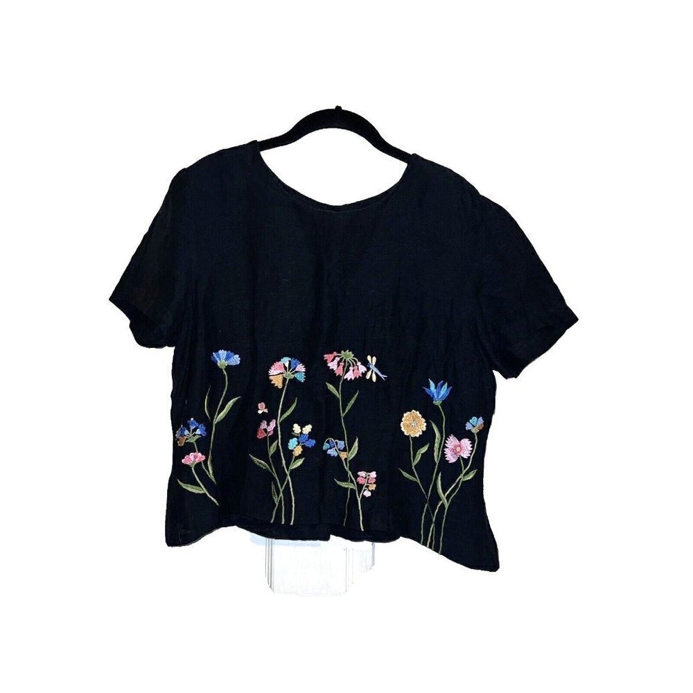 Vintage HALMODE PETITE Top Blouse Black Floral Embroidery Garden Linen Sz 14P